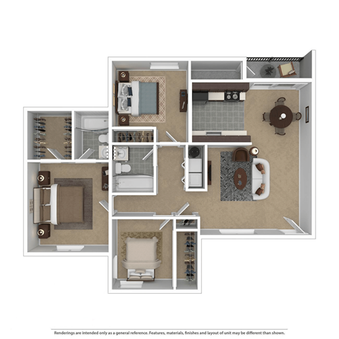 Floor plan for 3 beds, 2 baths, 1110 sqft